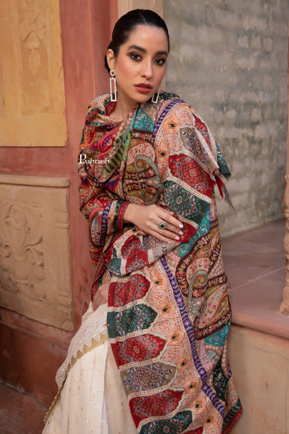 Pashtush India Womens Shawls Pashtush Womens Kalamkari Shawl with Hand Embroidered Outline Work, Fine Wool, Vibrance