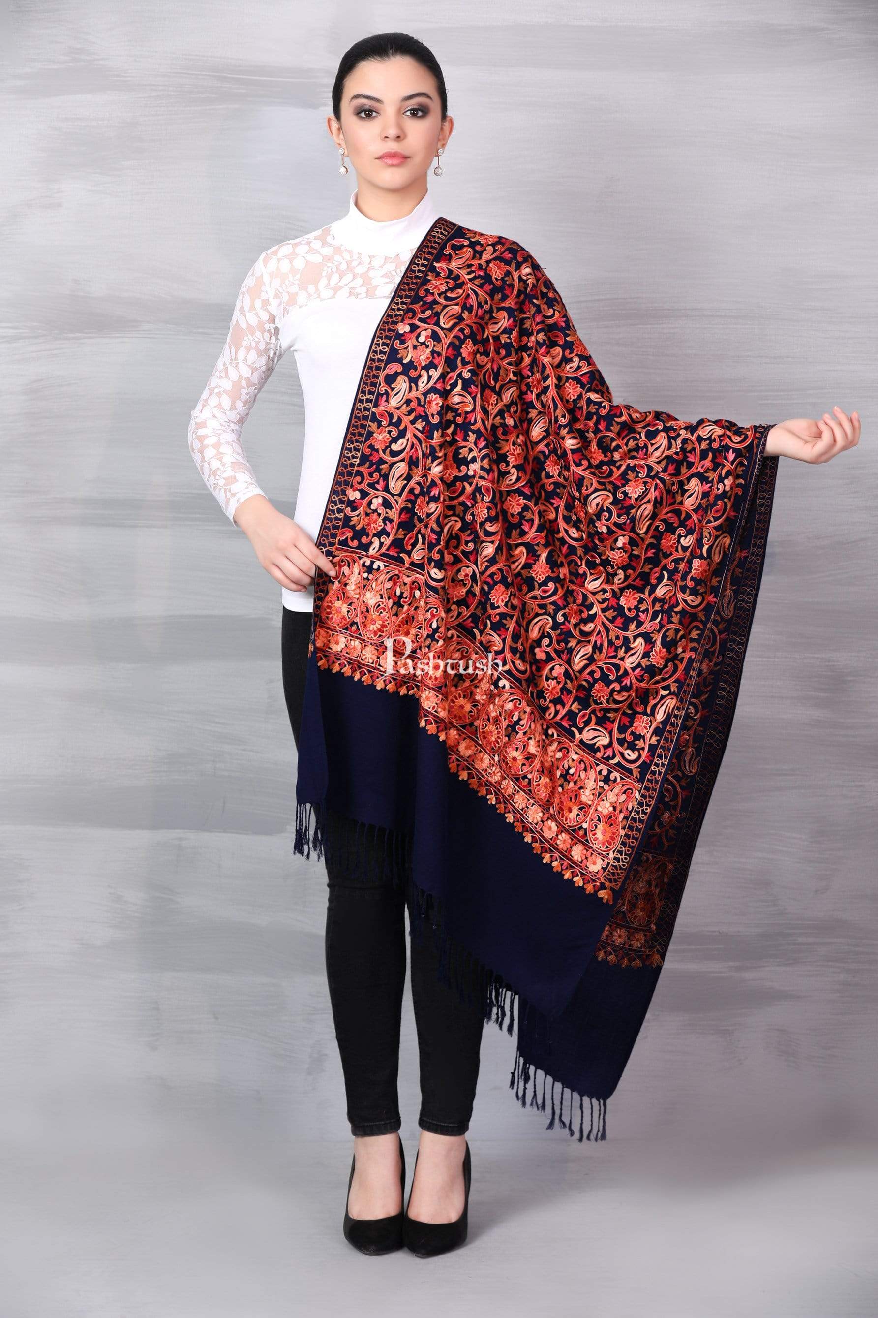 Pashtush Store Stole Pashtush Womens Kashmiri Aari Embroidery Stole, Soft and Warm, Navy Blue