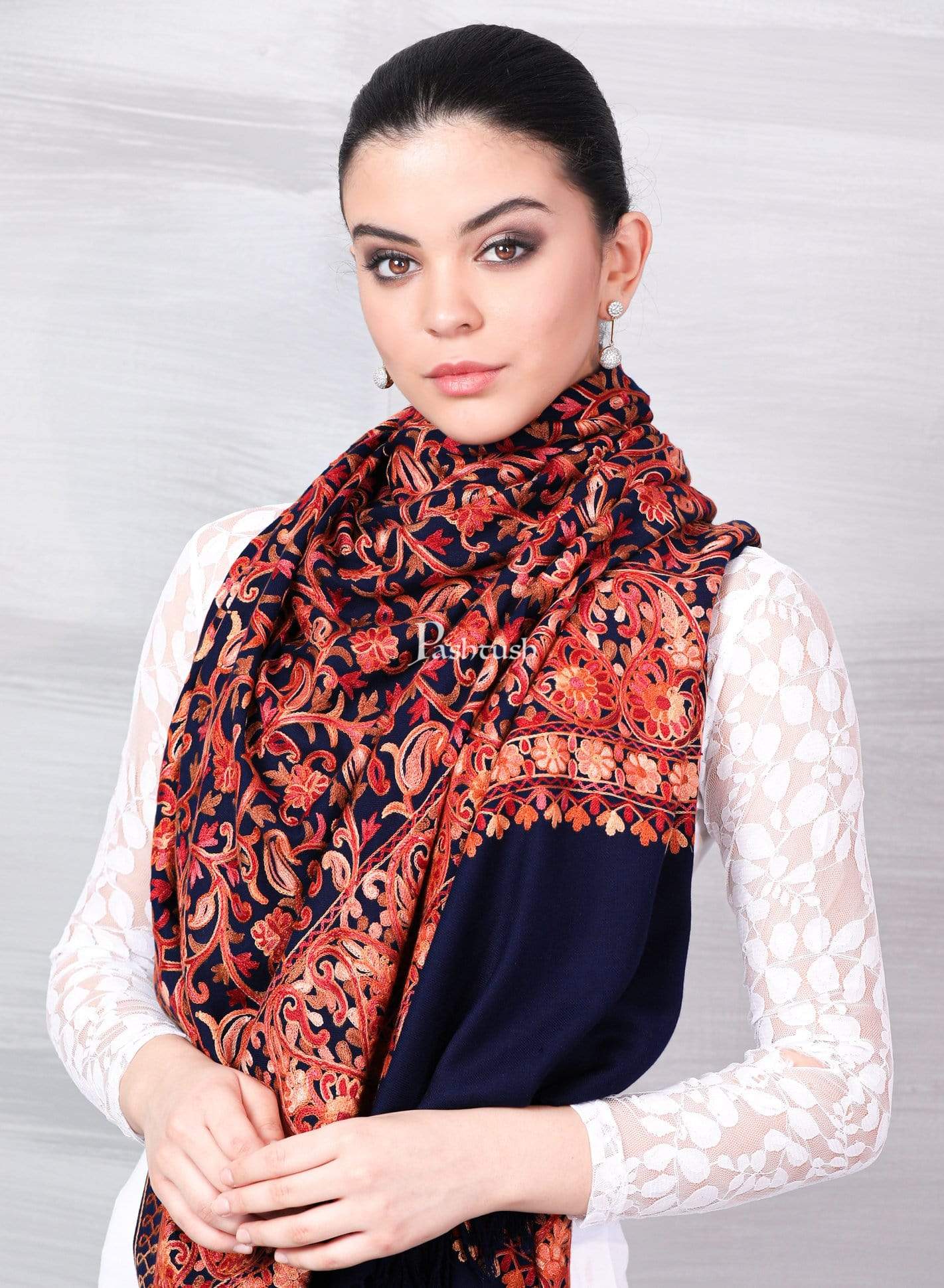 Pashtush Store Stole Pashtush Womens Kashmiri Aari Embroidery Stole, Soft and Warm, Navy Blue