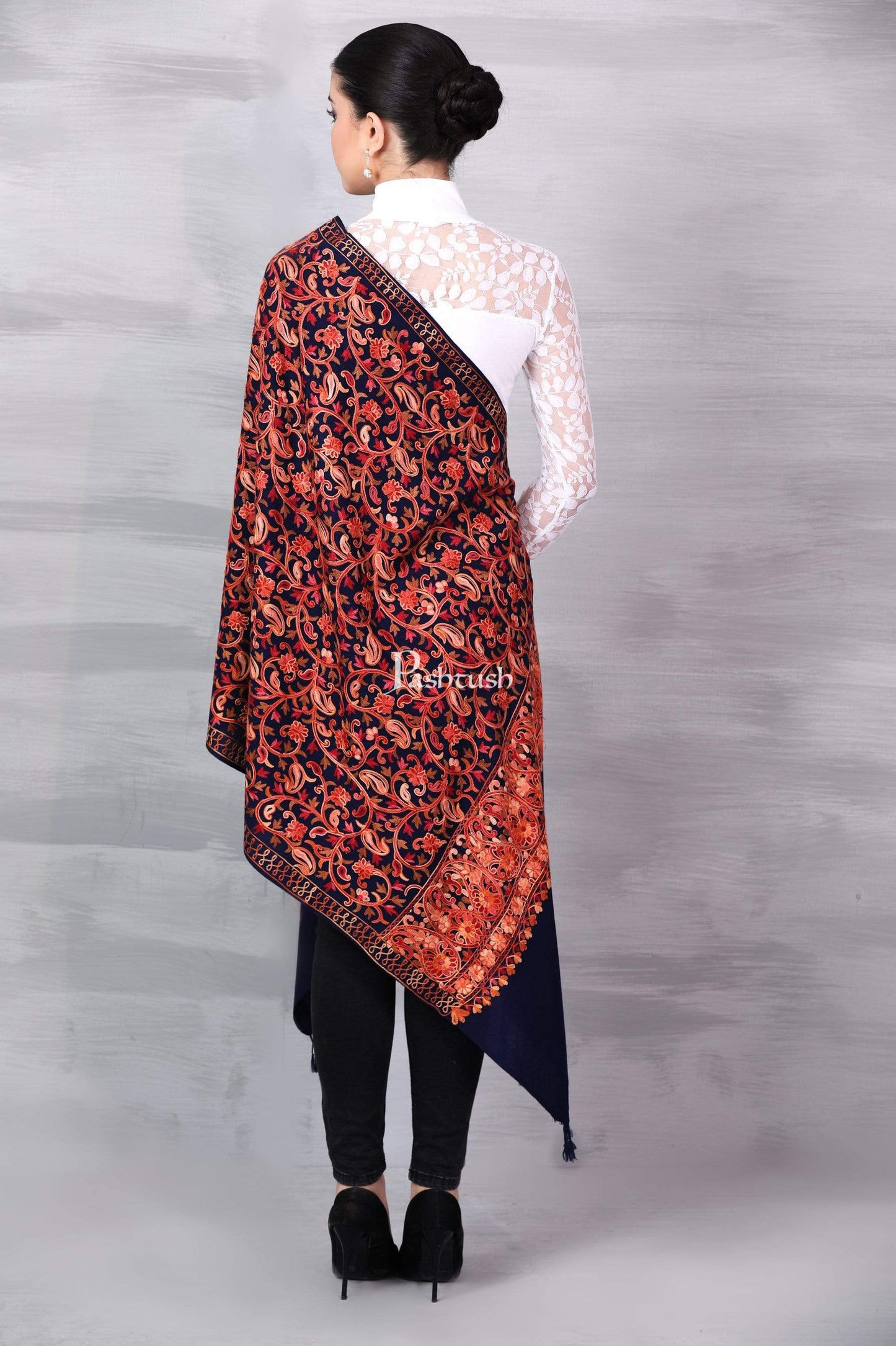 Pashtush Store Stole Pashtush Womens Kashmiri Aari Embroidery Stole, Soft and Warm, Navy Blue