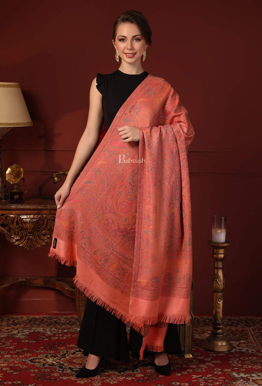 Pashtush India 100x200 Pashtush Womens Kashmiri Design Jamawar Shawl, Soft and Warm, Peach