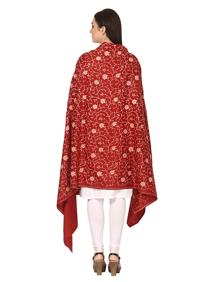 Pashtush Womens Embroidery Jaal Shawl, Fine Wool, Maroon