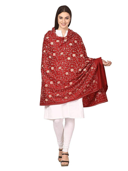 Pashtush Womens Embroidery Jaal Shawl, Fine Wool, Maroon