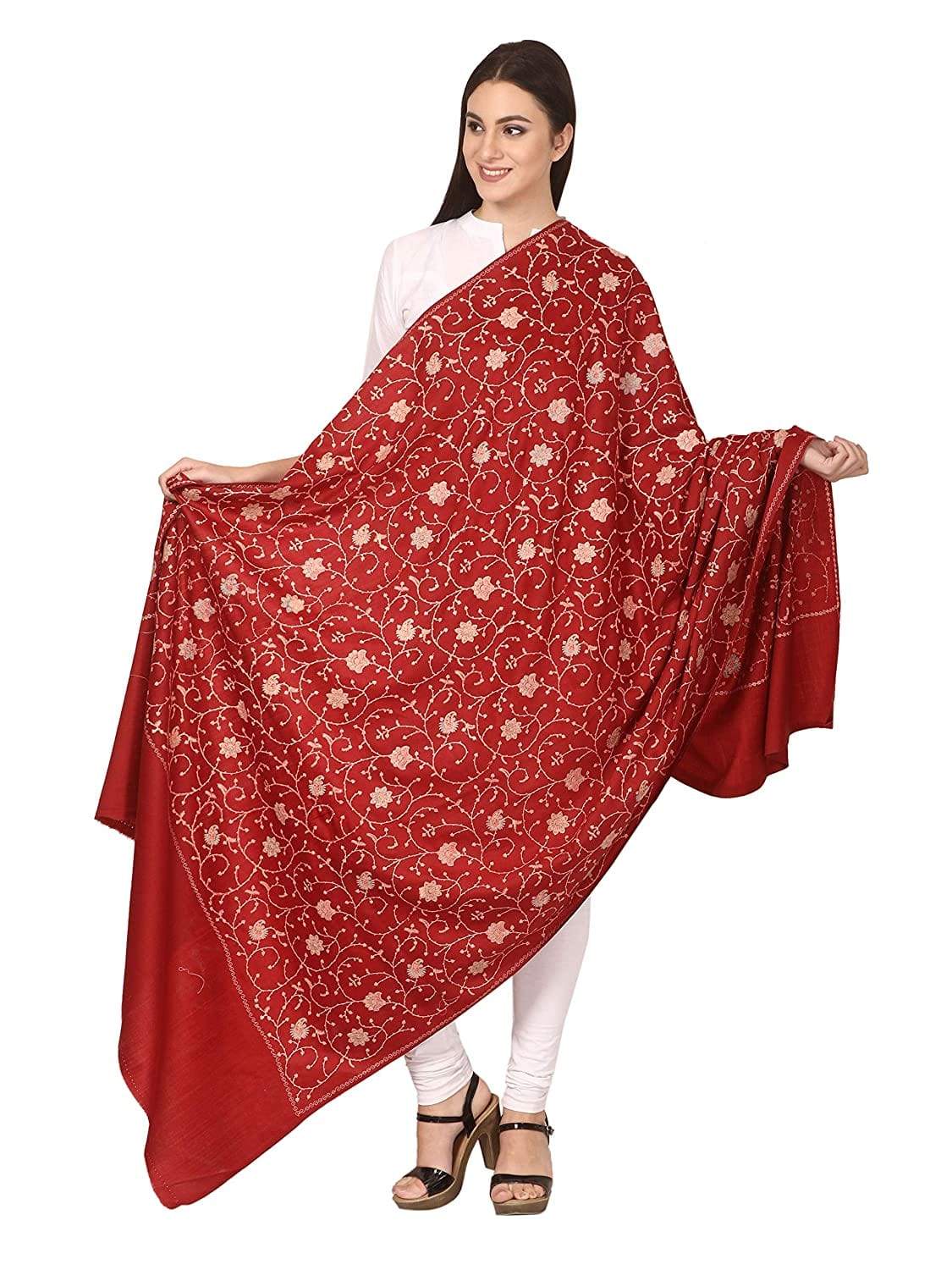 Pashtush Womens Embroidery Jaal Shawl, Fine Wool, Maroon