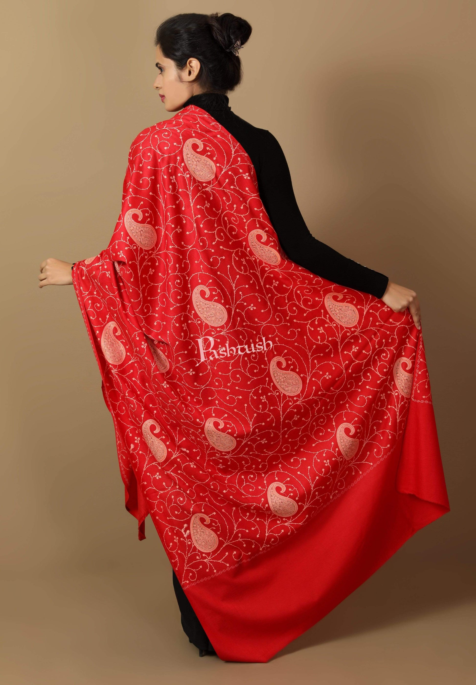 Pashtush India Shawl Pashtush Womens Kashmiri Embroidery Jaal, Fine Wool, Scarlet Red