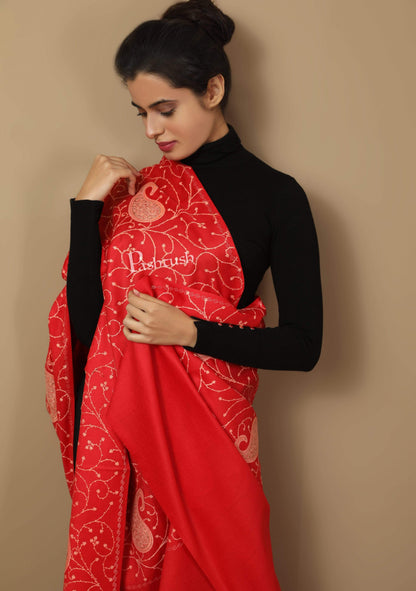 Pashtush India Shawl Pashtush Womens Kashmiri Embroidery Jaal, Fine Wool, Scarlet Red