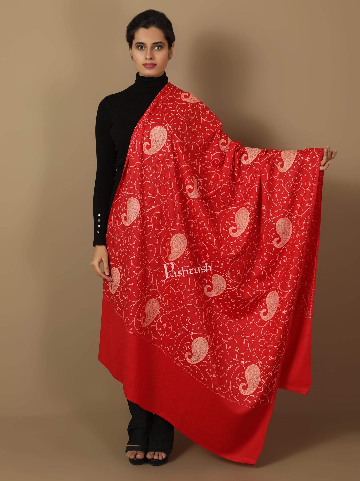 Pashtush India Shawl Pashtush Womens Kashmiri Embroidery Jaal, Fine Wool, Scarlet Red