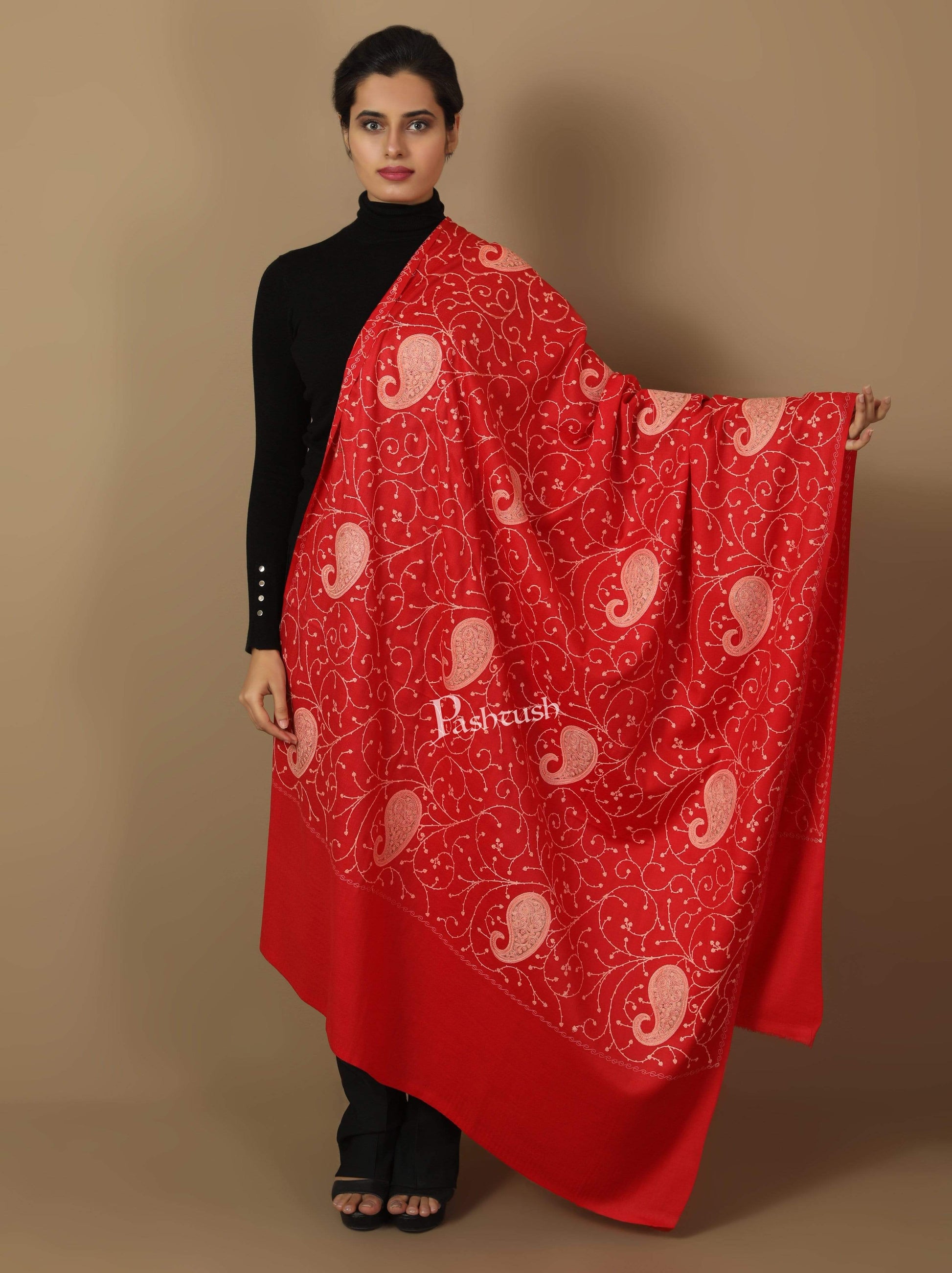 Pashtush India Shawl Pashtush Womens Kashmiri Embroidery Jaal, Fine Wool, Scarlet Red