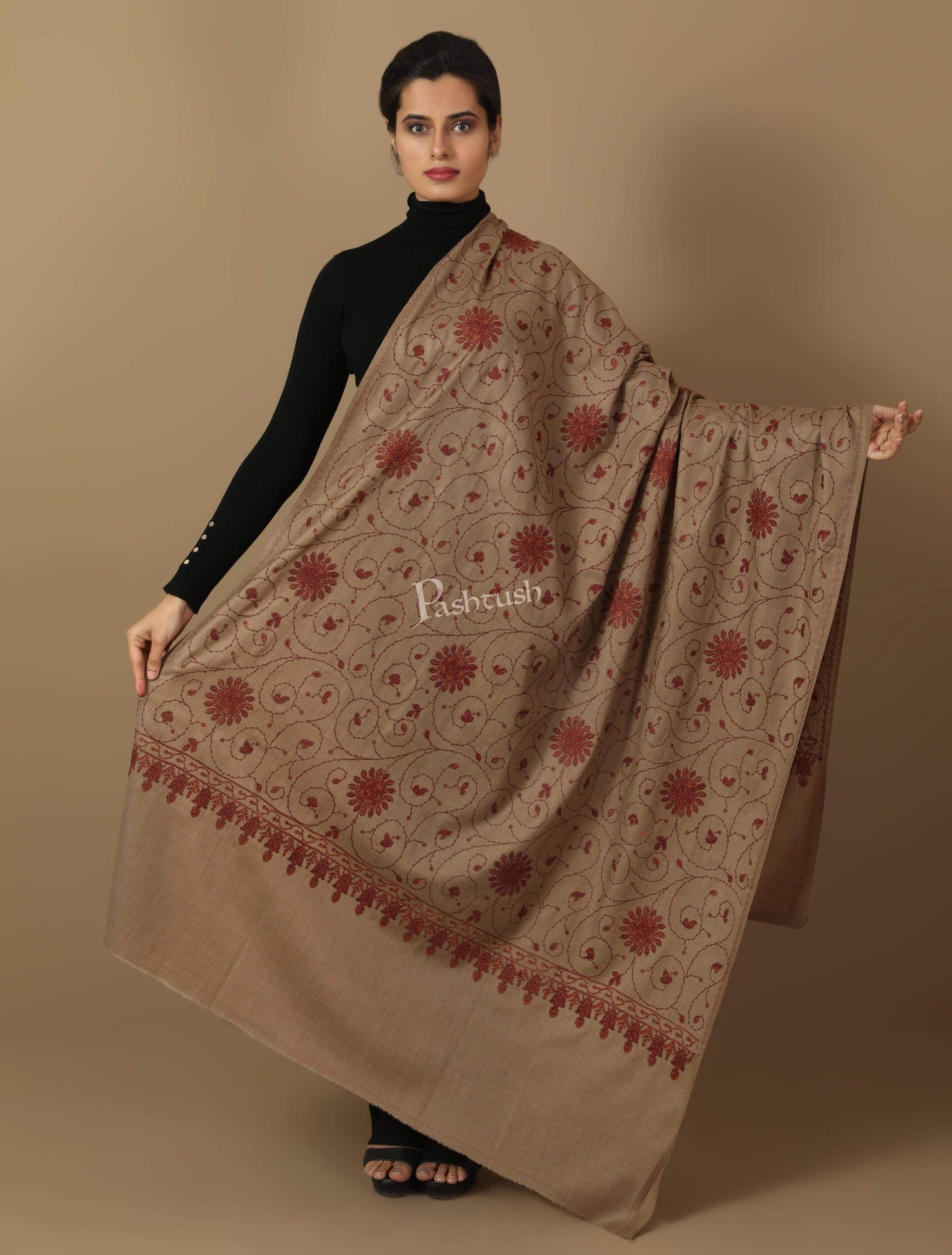 Pashtush India Shawl Pashtush Womens Kashmiri Embroidery Jaal, Fine Wool, Taupe