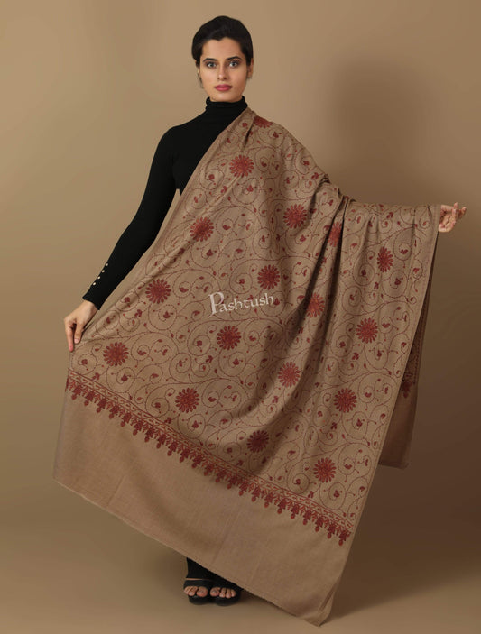Pashtush India Shawl Pashtush Womens Kashmiri Embroidery Jaal, Fine Wool, Taupe