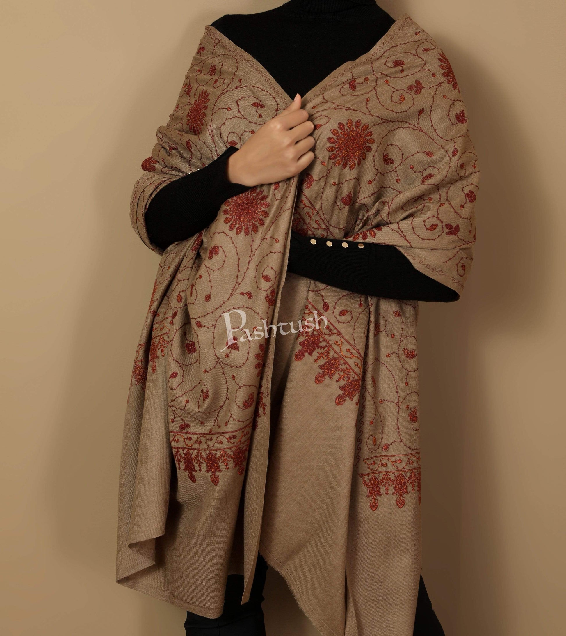 Pashtush India Shawl Pashtush Womens Kashmiri Embroidery Jaal, Fine Wool, Taupe