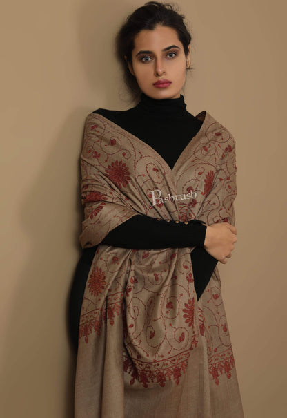 Pashtush India Shawl Pashtush Womens Kashmiri Embroidery Jaal, Fine Wool, Taupe