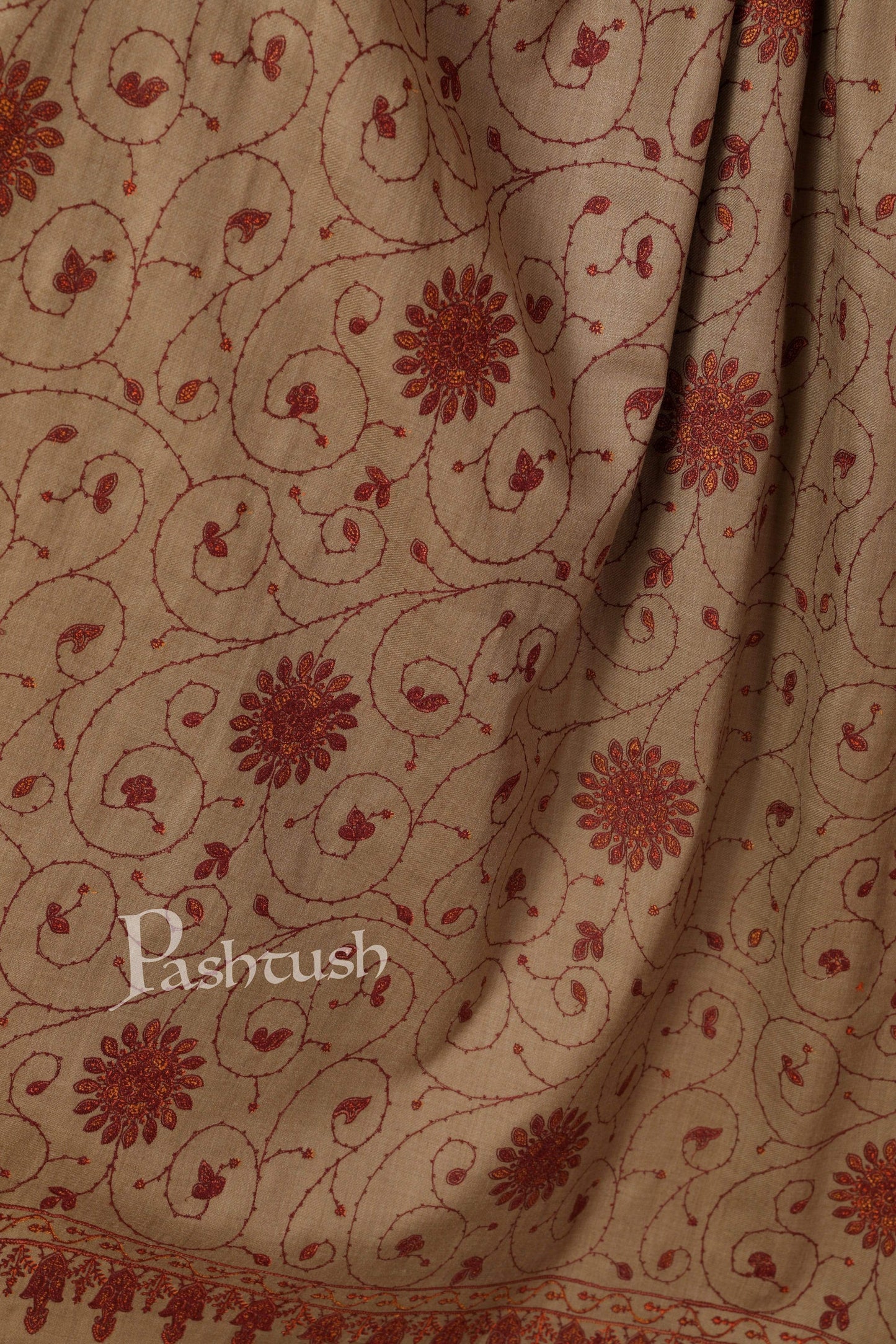 Pashtush India Shawl Pashtush Womens Kashmiri Embroidery Jaal, Fine Wool, Taupe
