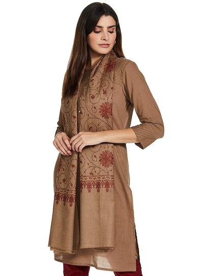 Pashtush India 100x200 Pashtush Womens Kashmiri Embroidery Jaal, Fine Wool, Taupe
