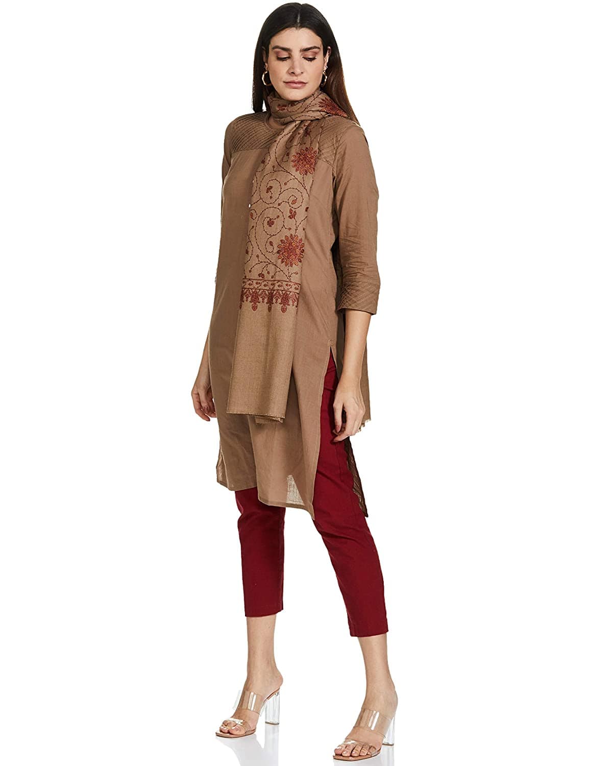 Pashtush India 100x200 Pashtush Womens Kashmiri Embroidery Jaal, Fine Wool, Taupe