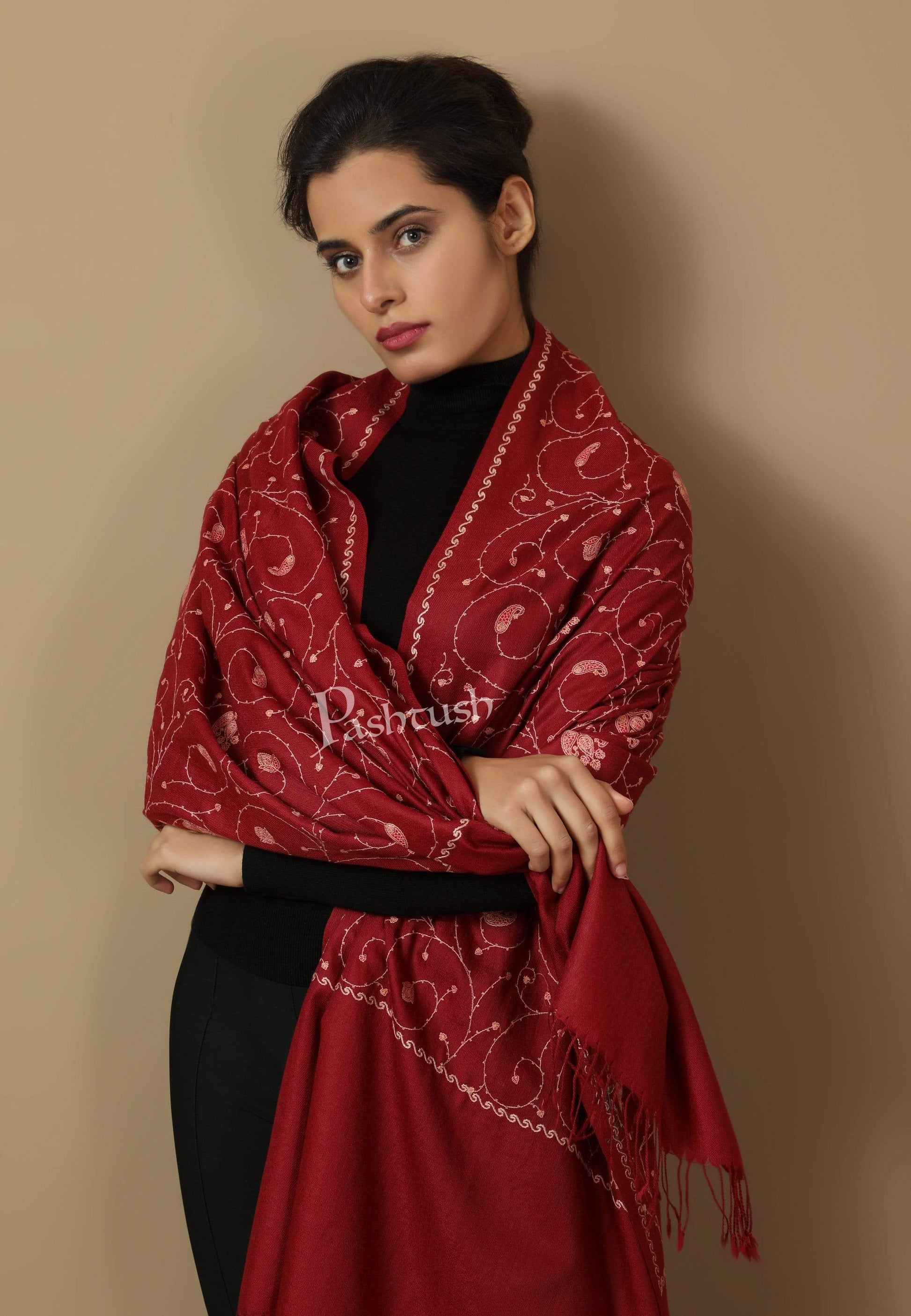 Pashtush India Shawl Pashtush Womens Kashmiri Embroidery Jaal Stole, Fine Wool, Maroon