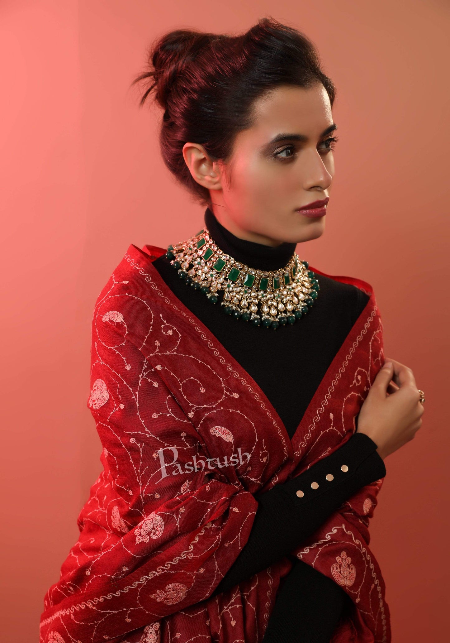 Pashtush India Shawl Pashtush Womens Kashmiri Embroidery Jaal Stole, Fine Wool, Maroon