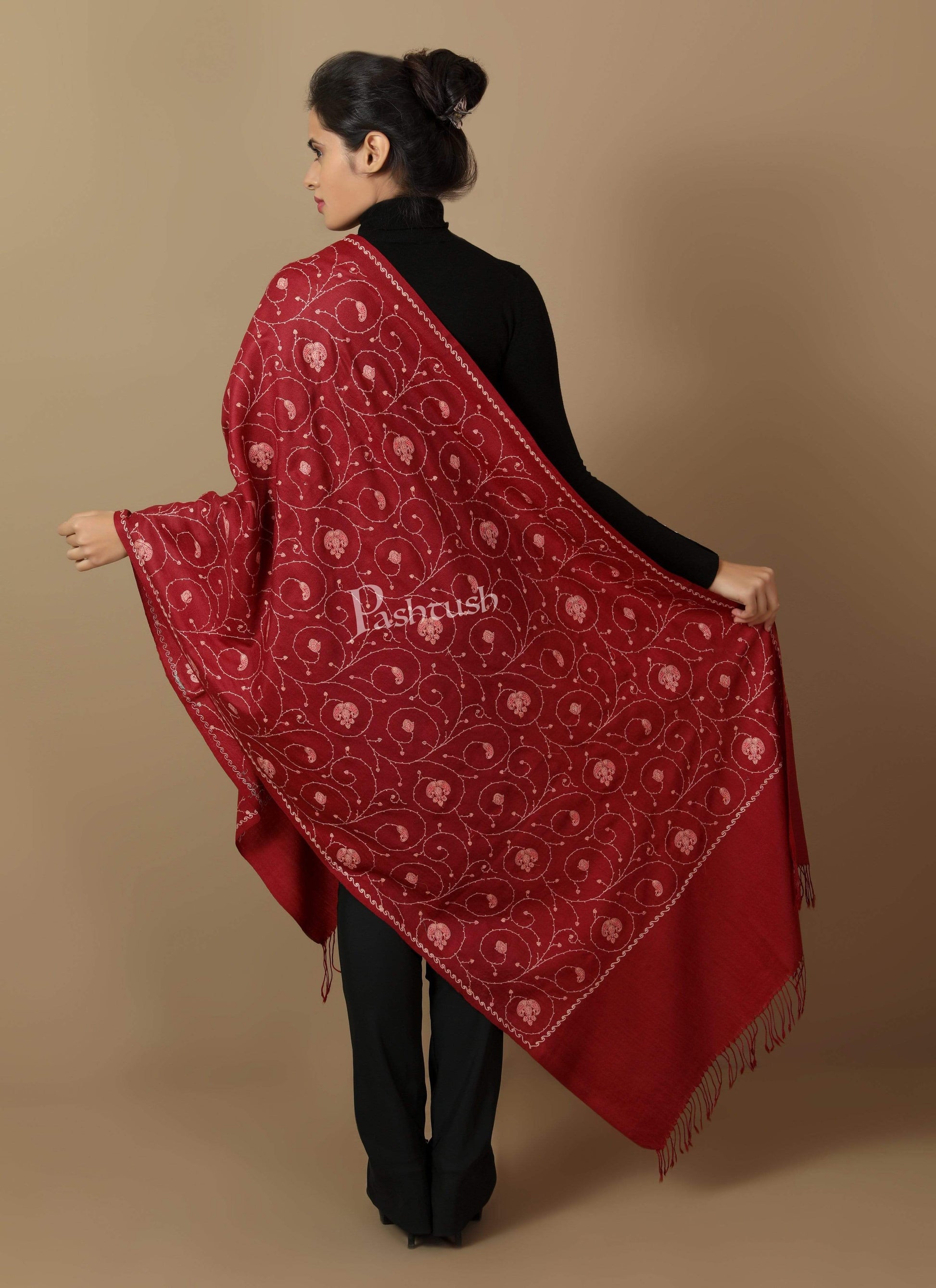Pashtush India Shawl Pashtush Womens Kashmiri Embroidery Jaal Stole, Fine Wool, Maroon