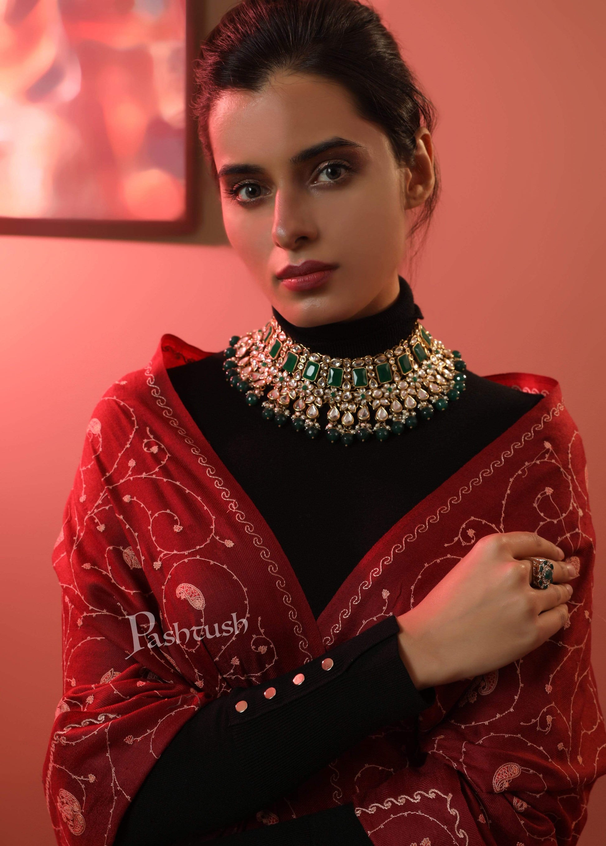 Pashtush India Shawl Pashtush Womens Kashmiri Embroidery Jaal Stole, Fine Wool, Maroon