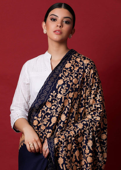 Pashtush Store Shawl Pashtush Womens Kashmiri Embroidery Shawl, Aari Embroidery, Black