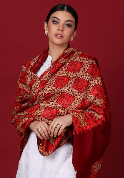 Pashtush India 70x200 Pashtush Womens Kashmiri Embroidery Shawl, Aari Embroidery, Maroon
