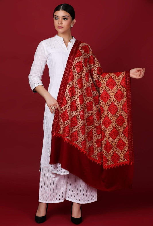 Pashtush India 70x200 Pashtush Womens Kashmiri Embroidery Shawl, Aari Embroidery, Maroon