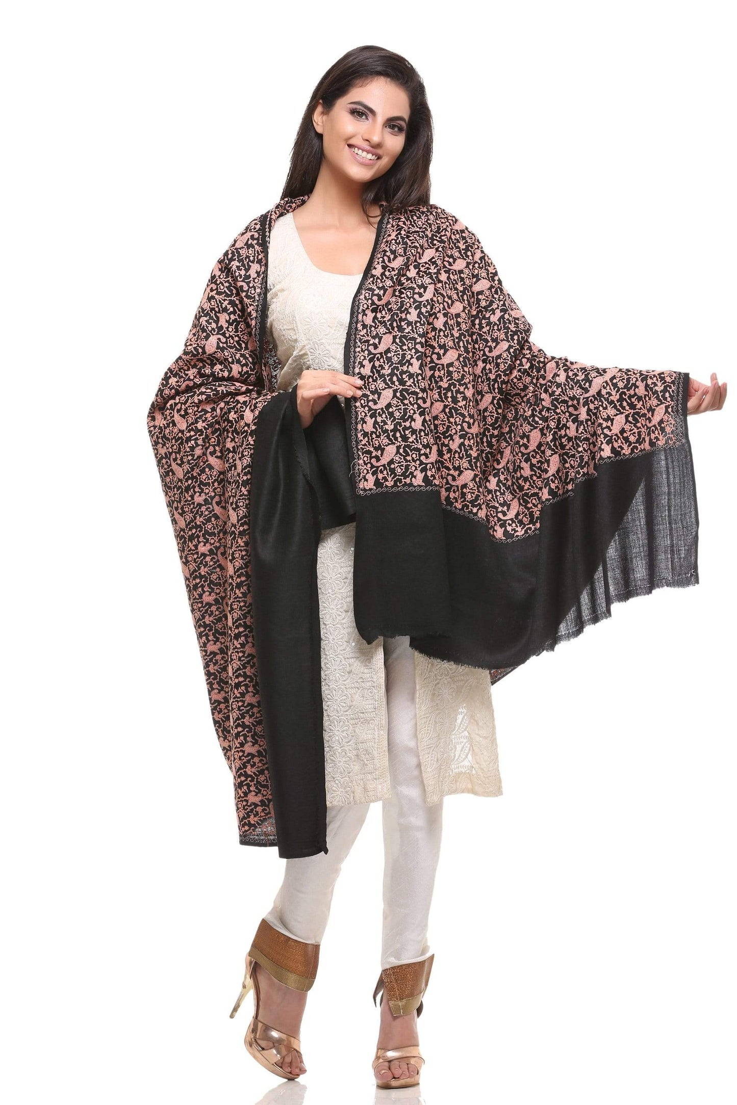 Pashtush India 100x200 Pashtush Womens Kashmiri Embroidery Shawl, Heavy Design, Silk Thread Needlework, Black