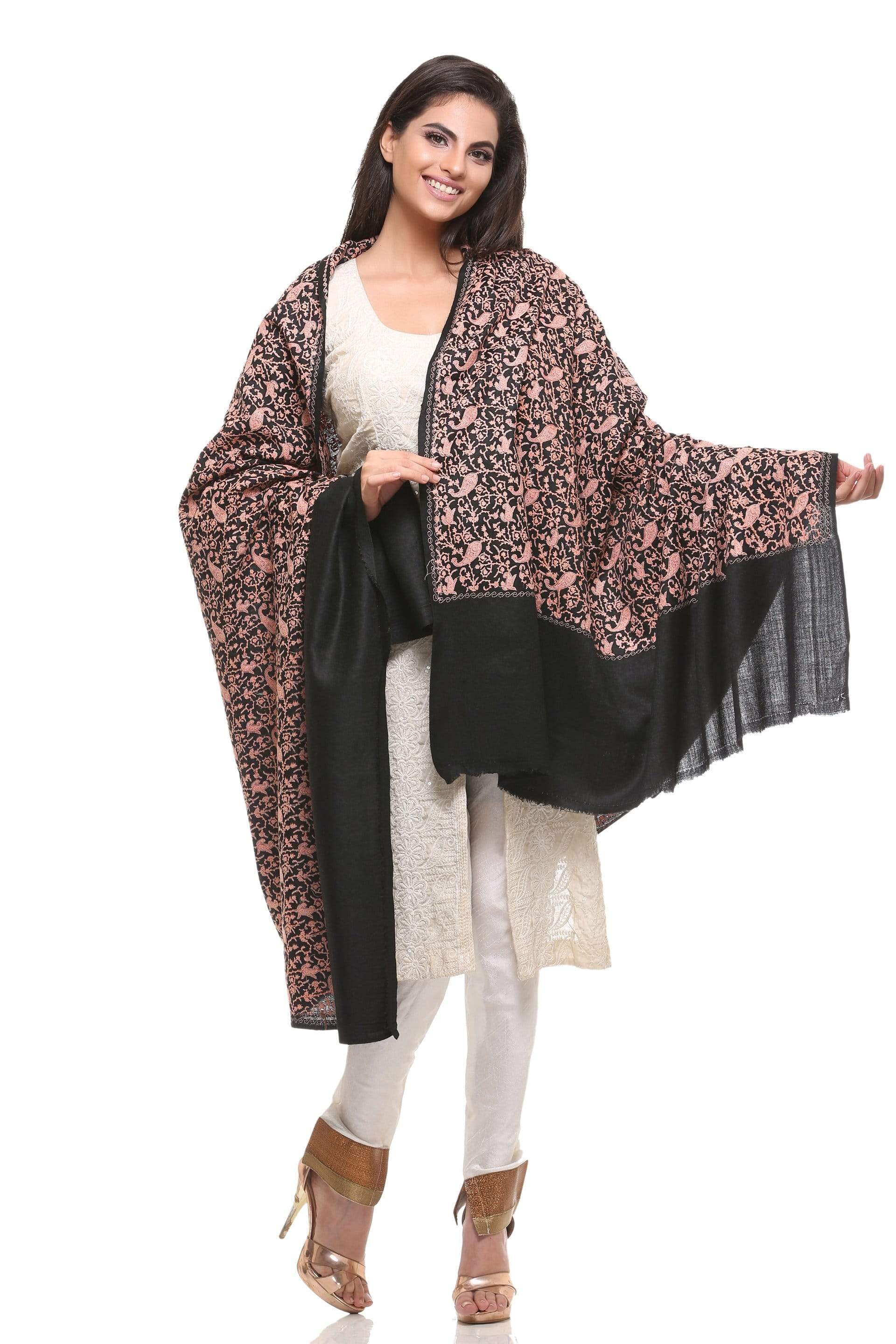 Pashtush India 100x200 Pashtush Womens Kashmiri Embroidery Shawl, Heavy Design, Silk Thread Needlework, Black