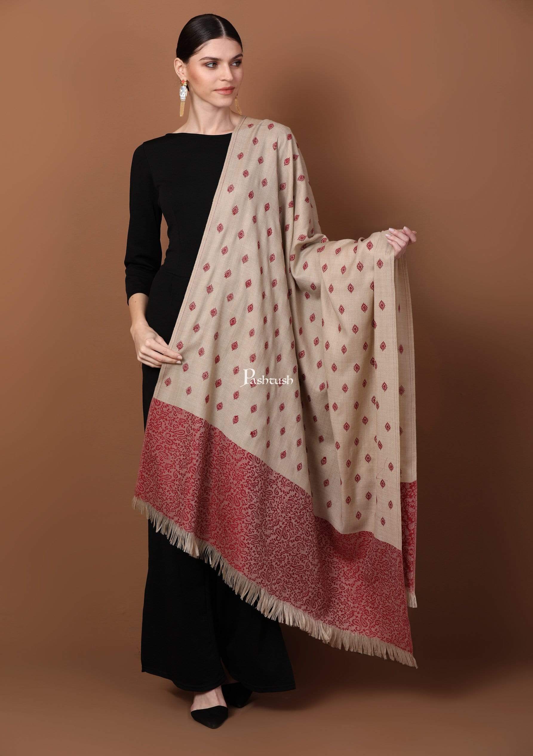 Pashtush Store Shawl Pashtush Womens Kashmiri Embroidery Shawl, Light Weight and Warm, Beige and Merlot