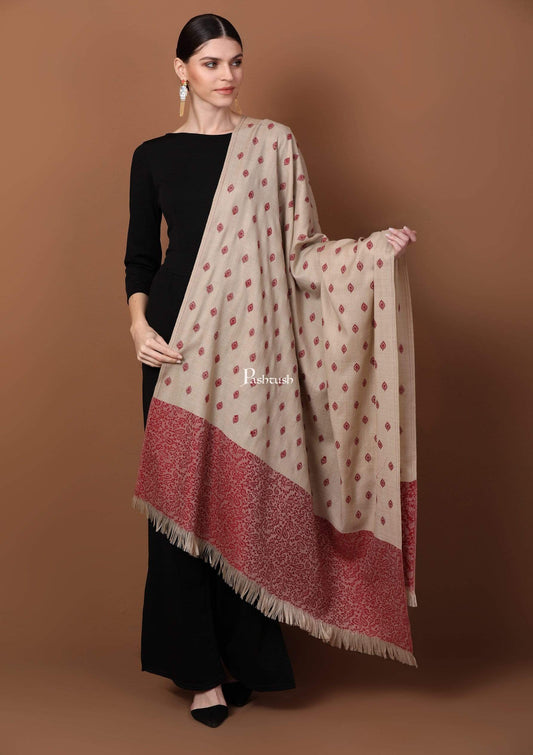 Pashtush Store Shawl Pashtush Womens Kashmiri Embroidery Shawl, Light Weight and Warm, Beige and Merlot