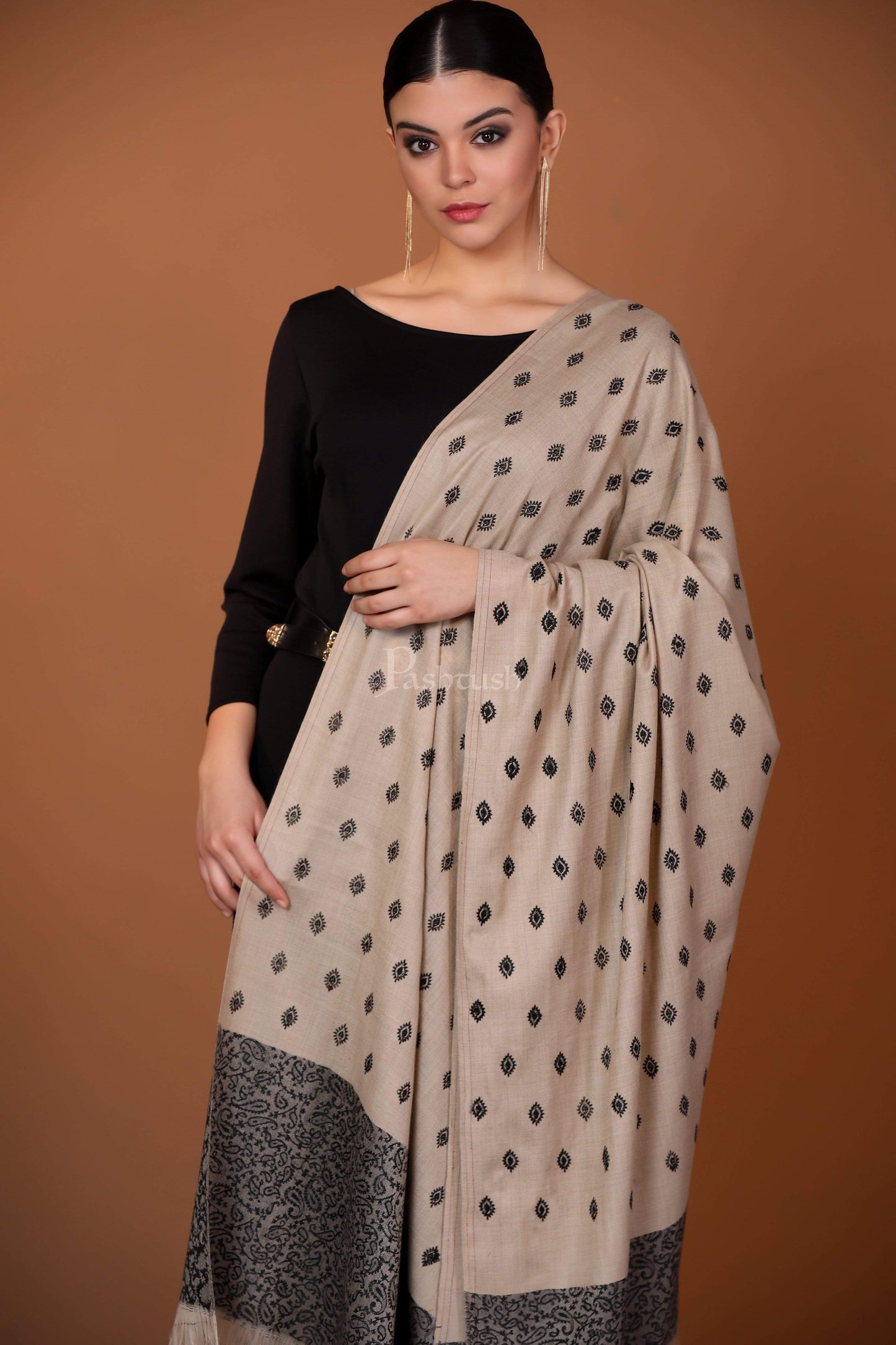 Pashtush India 100x200 Pashtush Womens Kashmiri Embroidery Shawl, Light Weight and Warm, Black and beige