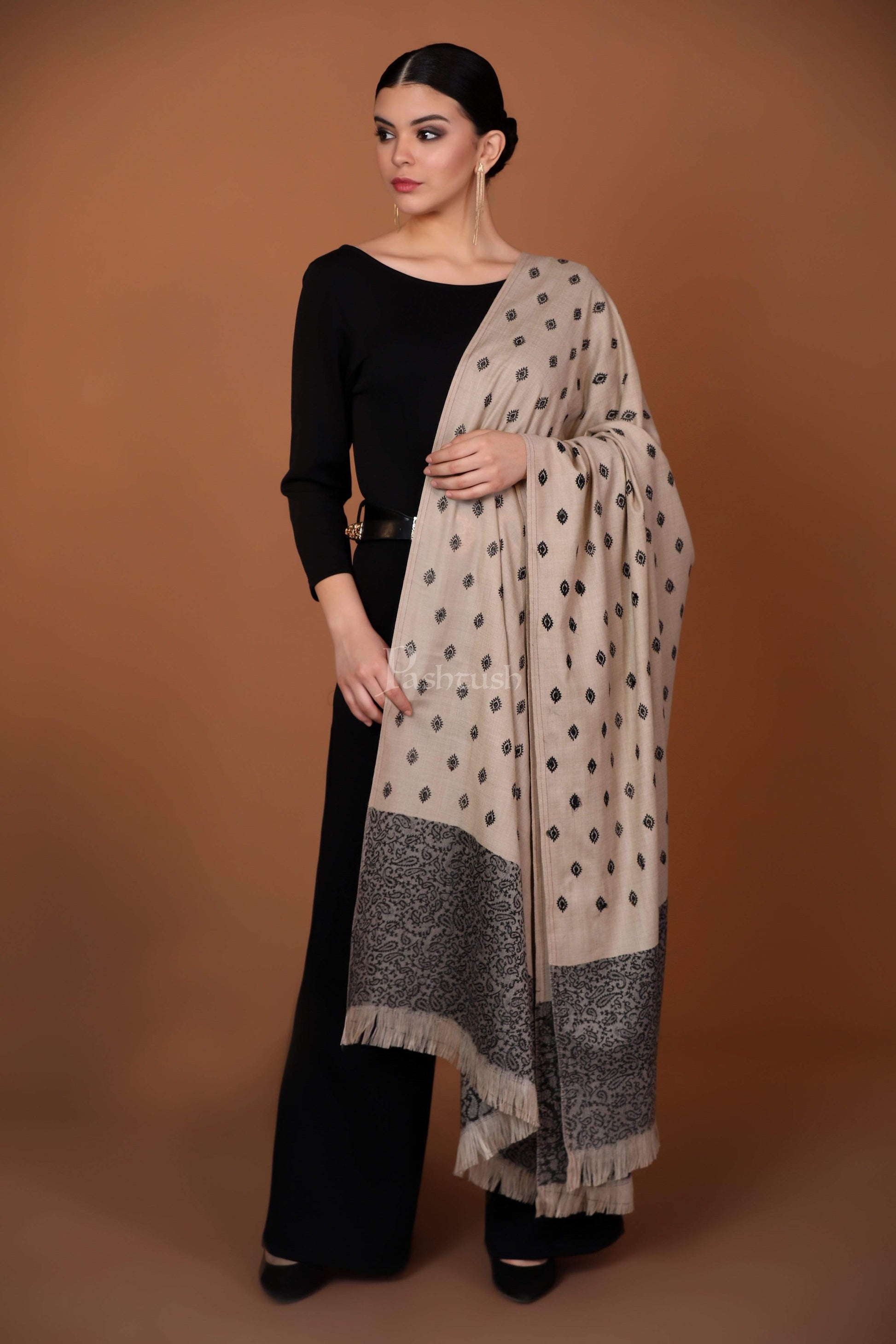 Pashtush India 100x200 Pashtush Womens Kashmiri Embroidery Shawl, Light Weight and Warm, Black and beige