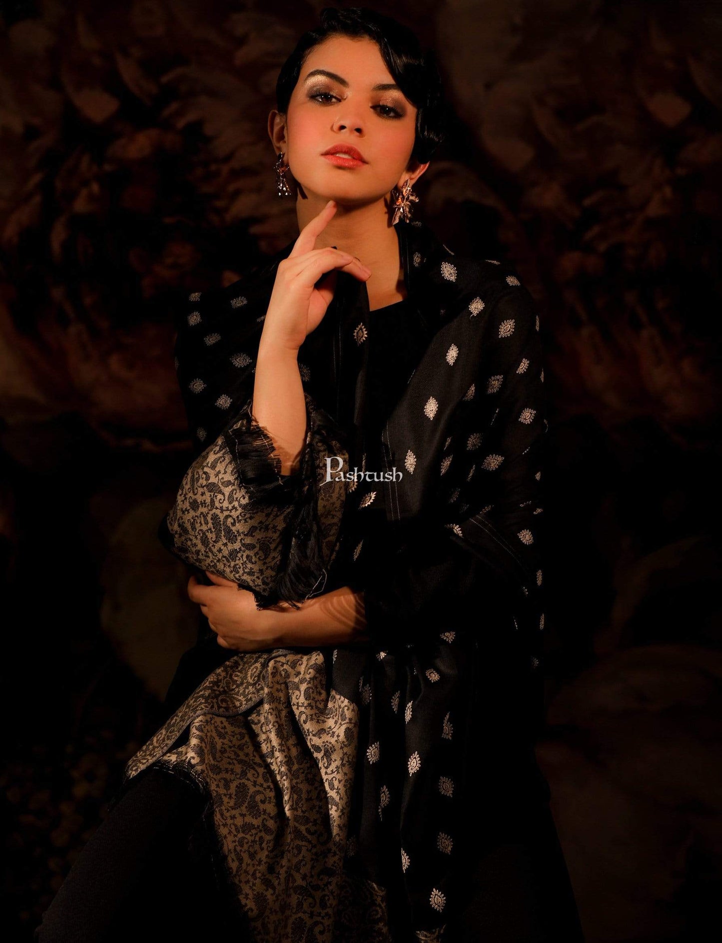 Pashtush Store Shawl Pashtush Womens Kashmiri Embroidery Shawl, Light Weight and Warm, Black and grey