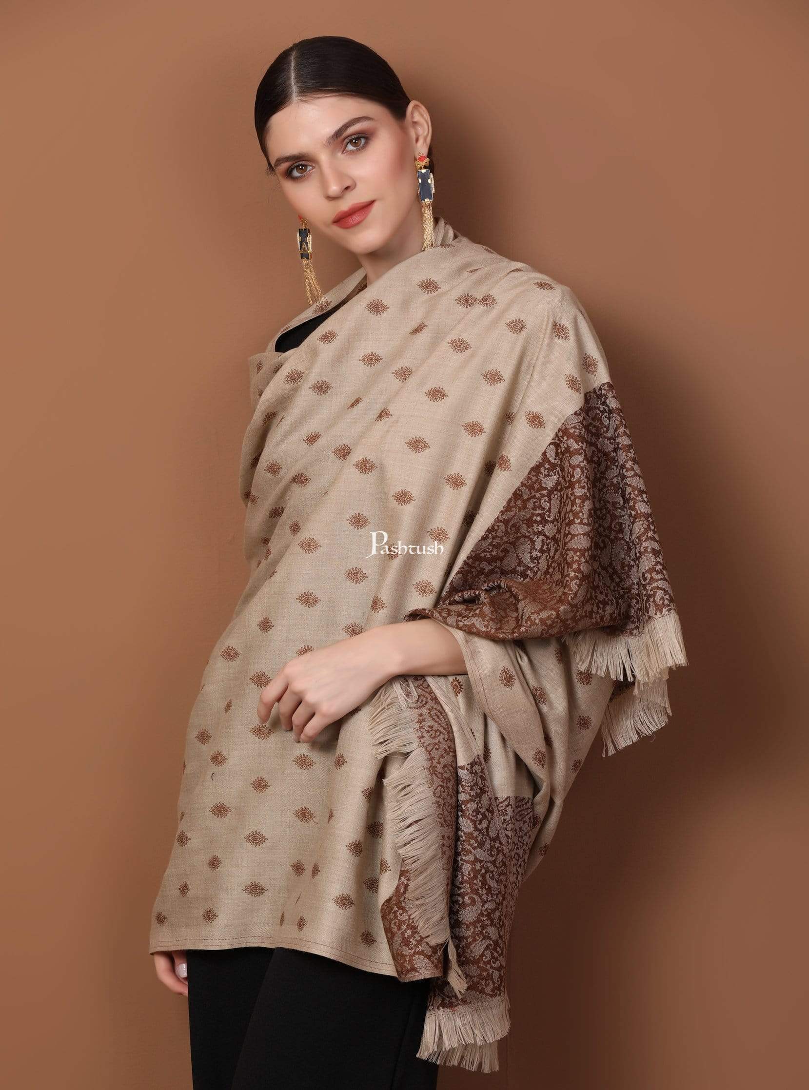 Pashtush Store Shawl Pashtush Womens Kashmiri Embroidery Shawl, Light Weight and Warm, Espresso and Beige