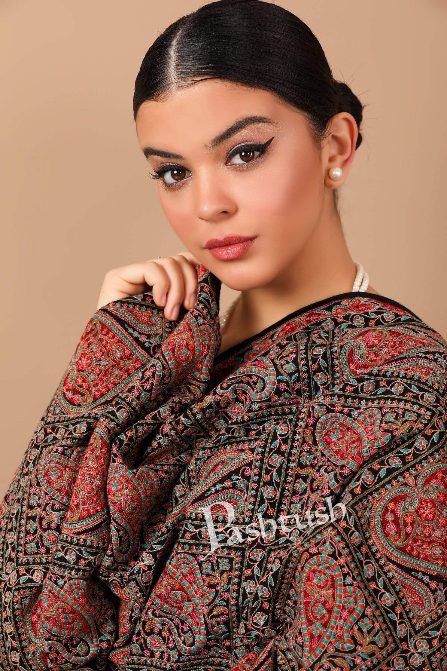 Pashtush Shawl Store Shawl Pashtush Womens Kashmiri Embroidery Shawl, Sozni Embroidery, Intricate Needlework, Black
