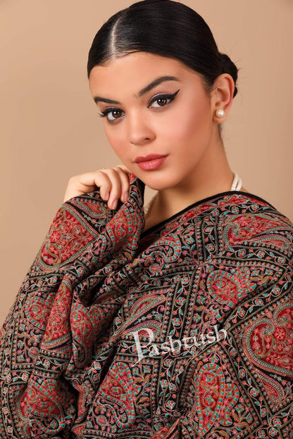 Pashtush Shawl Store Shawl Pashtush Womens Kashmiri Embroidery Shawl, Sozni Embroidery, Intricate Needlework, Black