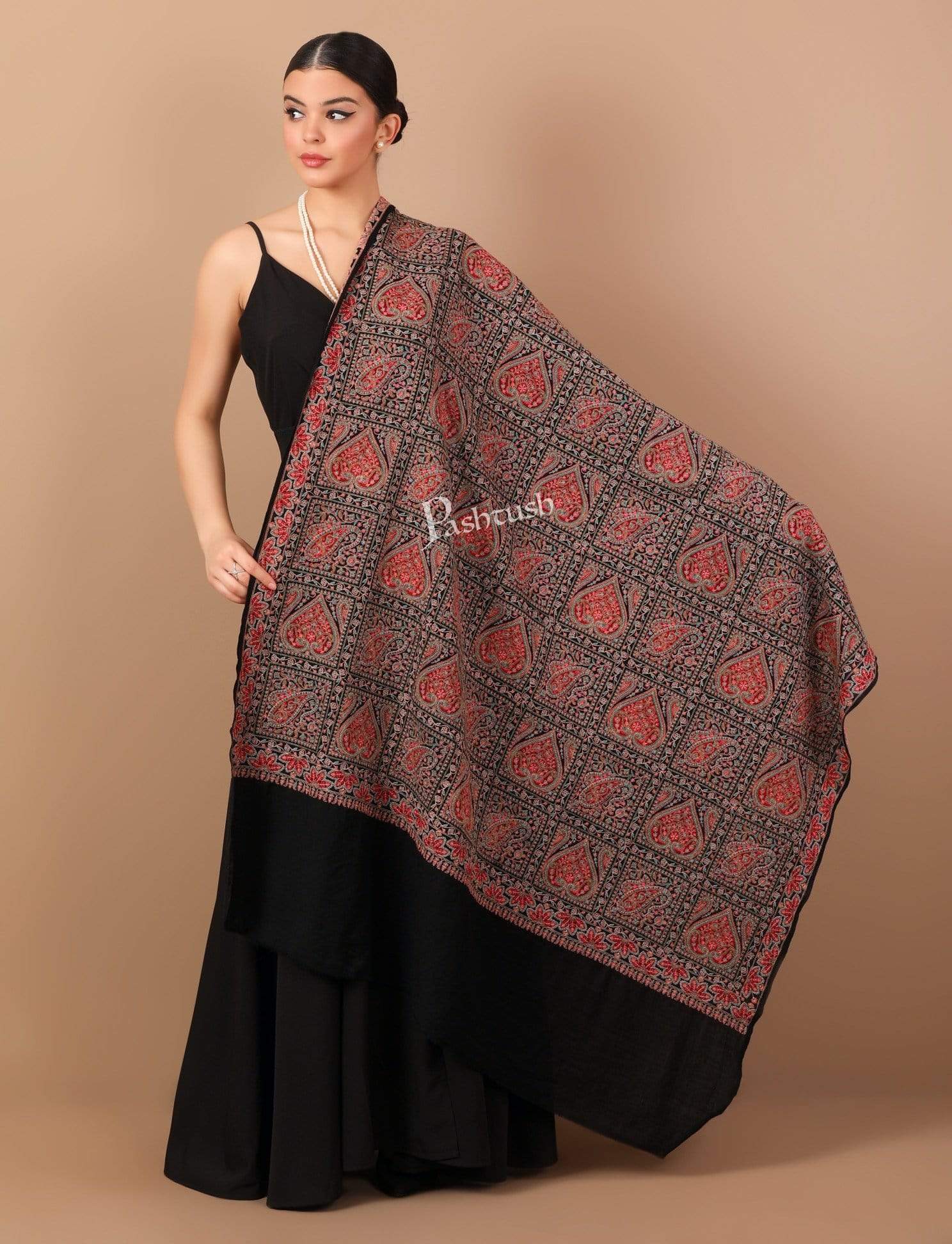 Pashtush Shawl Store Shawl Pashtush Womens Kashmiri Embroidery Shawl, Sozni Embroidery, Intricate Needlework, Black