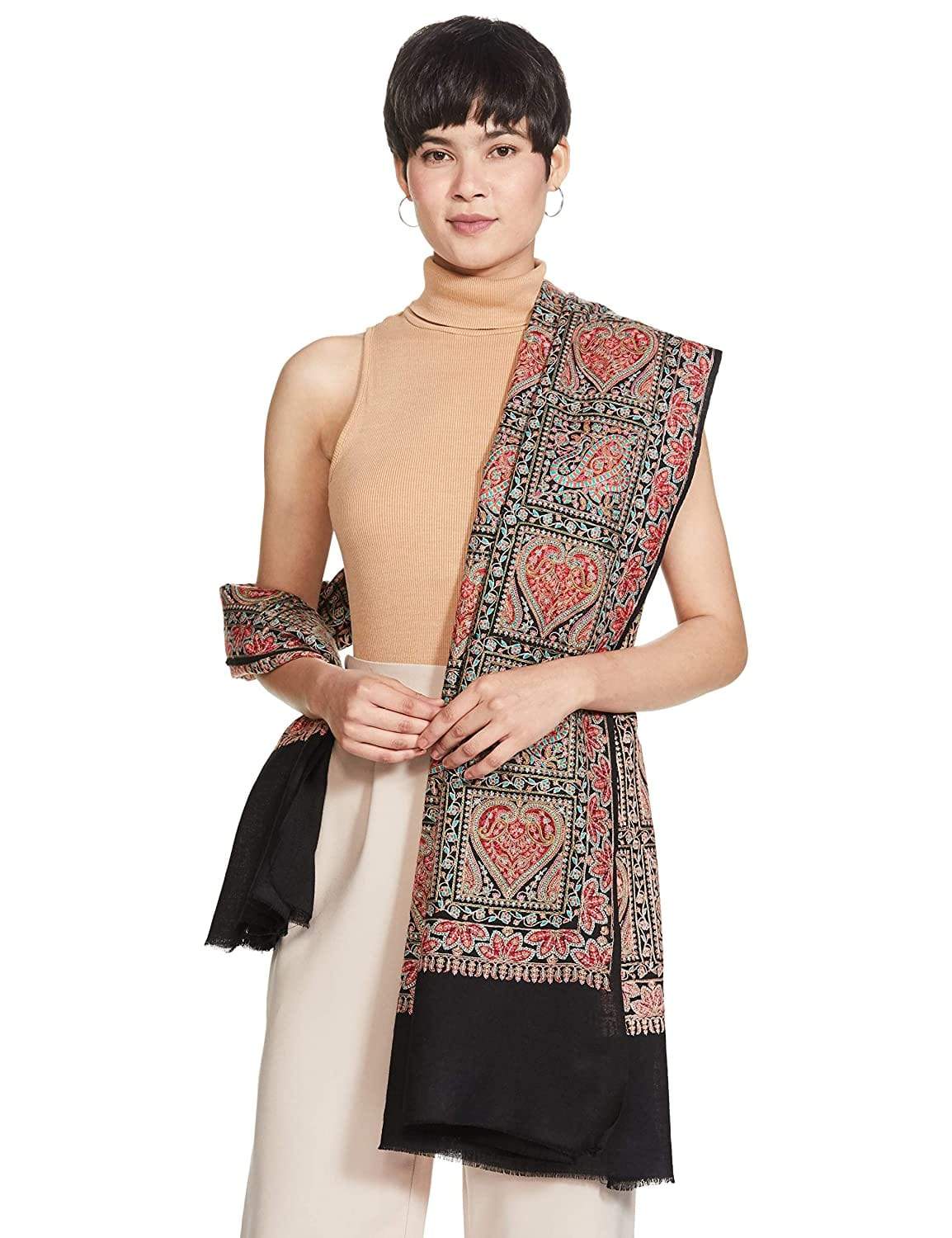 Pashtush India 100x200 PASHTUSH WOMENS KASHMIRI EMBROIDERY SHAWL, SOZNI EMBROIDERY, INTRICATE NEEDLEWORK, BLACK