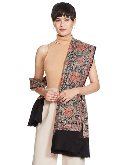 Pashtush India 100x200 PASHTUSH WOMENS KASHMIRI EMBROIDERY SHAWL, SOZNI EMBROIDERY, INTRICATE NEEDLEWORK, BLACK