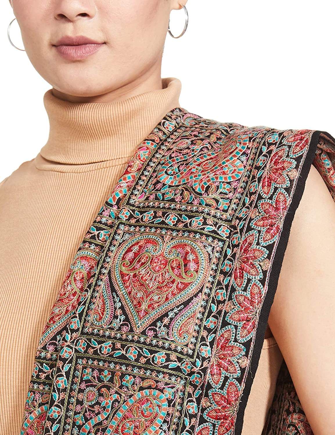 Pashtush India 100x200 PASHTUSH WOMENS KASHMIRI EMBROIDERY SHAWL, SOZNI EMBROIDERY, INTRICATE NEEDLEWORK, BLACK