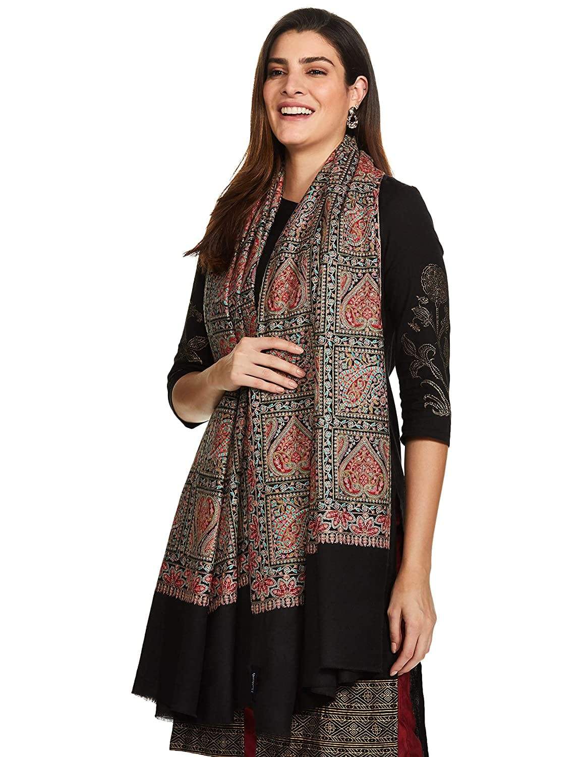 Pashtush India 100x200 Pashtush Womens Kashmiri Embroidery Shawl, Sozni Embroidery, Intricate Needlework, Black