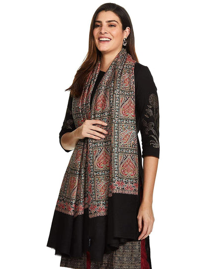 Pashtush India 100x200 Pashtush Womens Kashmiri Embroidery Shawl, Sozni Embroidery, Intricate Needlework, Black