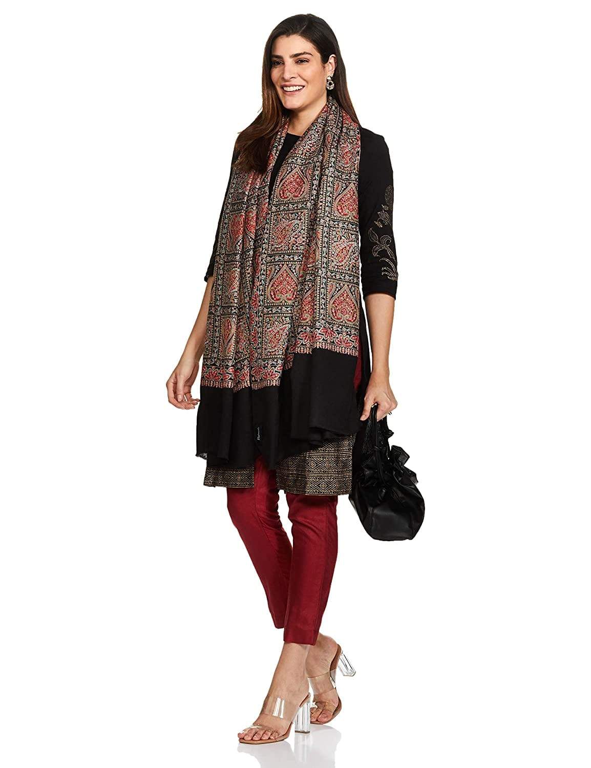 Pashtush India 100x200 Pashtush Womens Kashmiri Embroidery Shawl, Sozni Embroidery, Intricate Needlework, Black