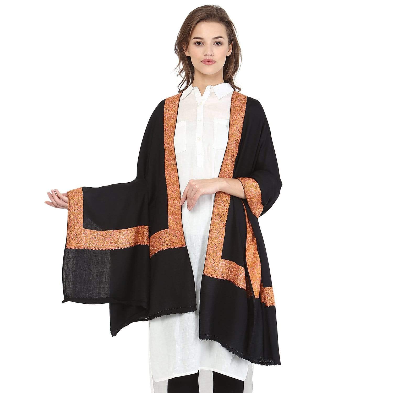 Pashtush India 100x200 Pashtush Womens Kashmiri Hand Embroidery Shawl, 100% Pure Wool Shawls, Black