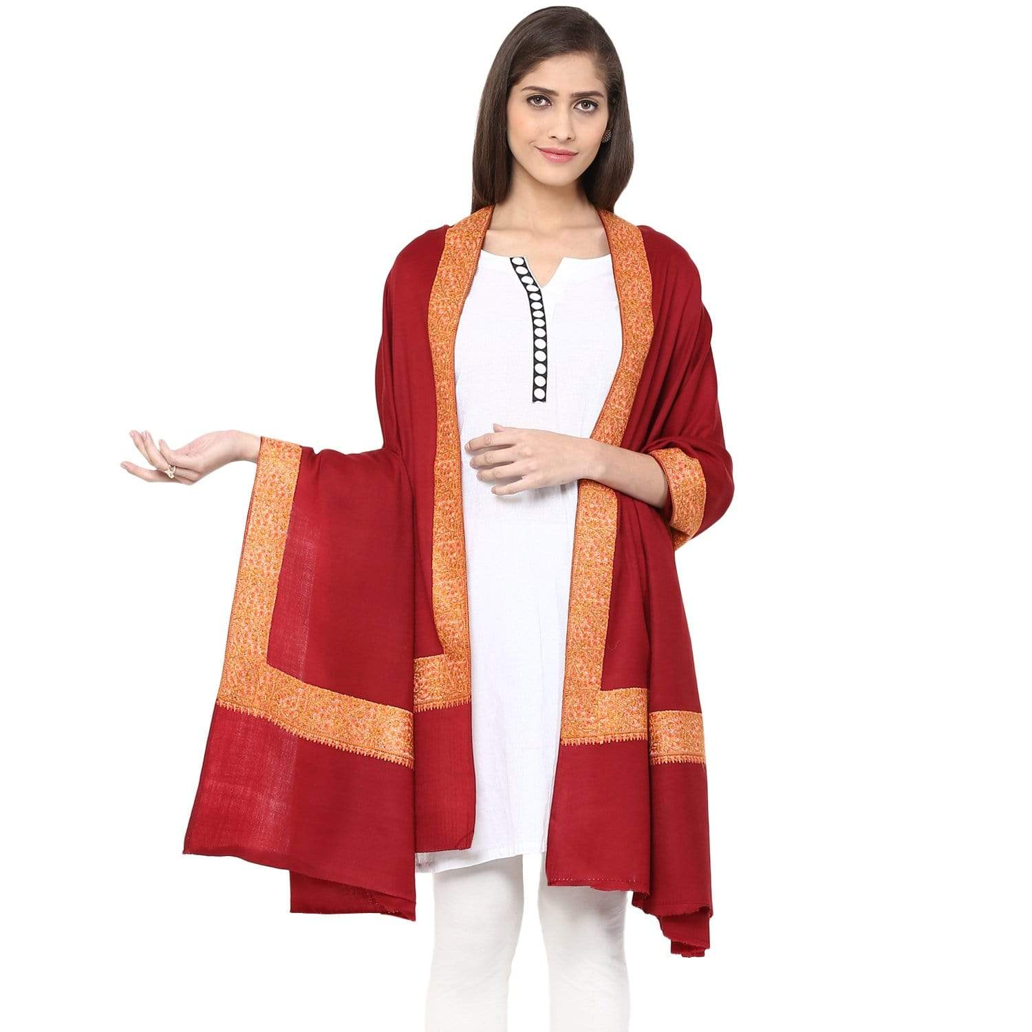 Pashtush India 100x200 Pashtush Womens Kashmiri Hand Embroidery Shawl, 100% Pure Wool Shawls, Maroon