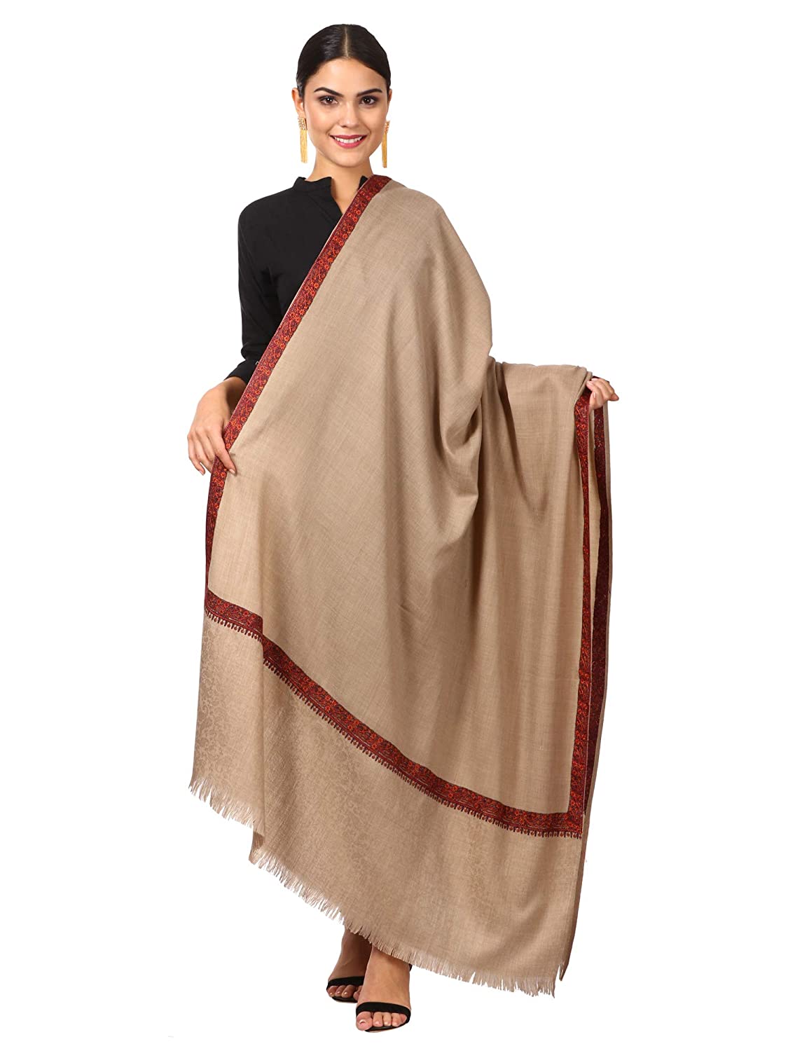 Pashtush India 100x200 Pashtush Womens Kashmiri Hand Embroidery Shawl, Border Design With Fine Needlework, Shawls