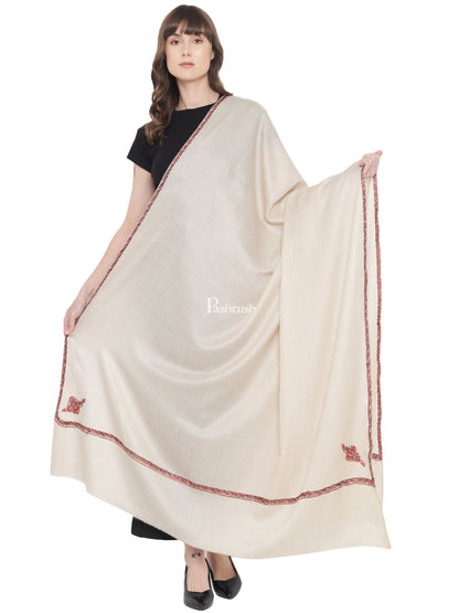 Pashtush India Womens Shawls Pashtush Womens Kashmiri Hand Embroidery Shawl Woollen Kingri Beige