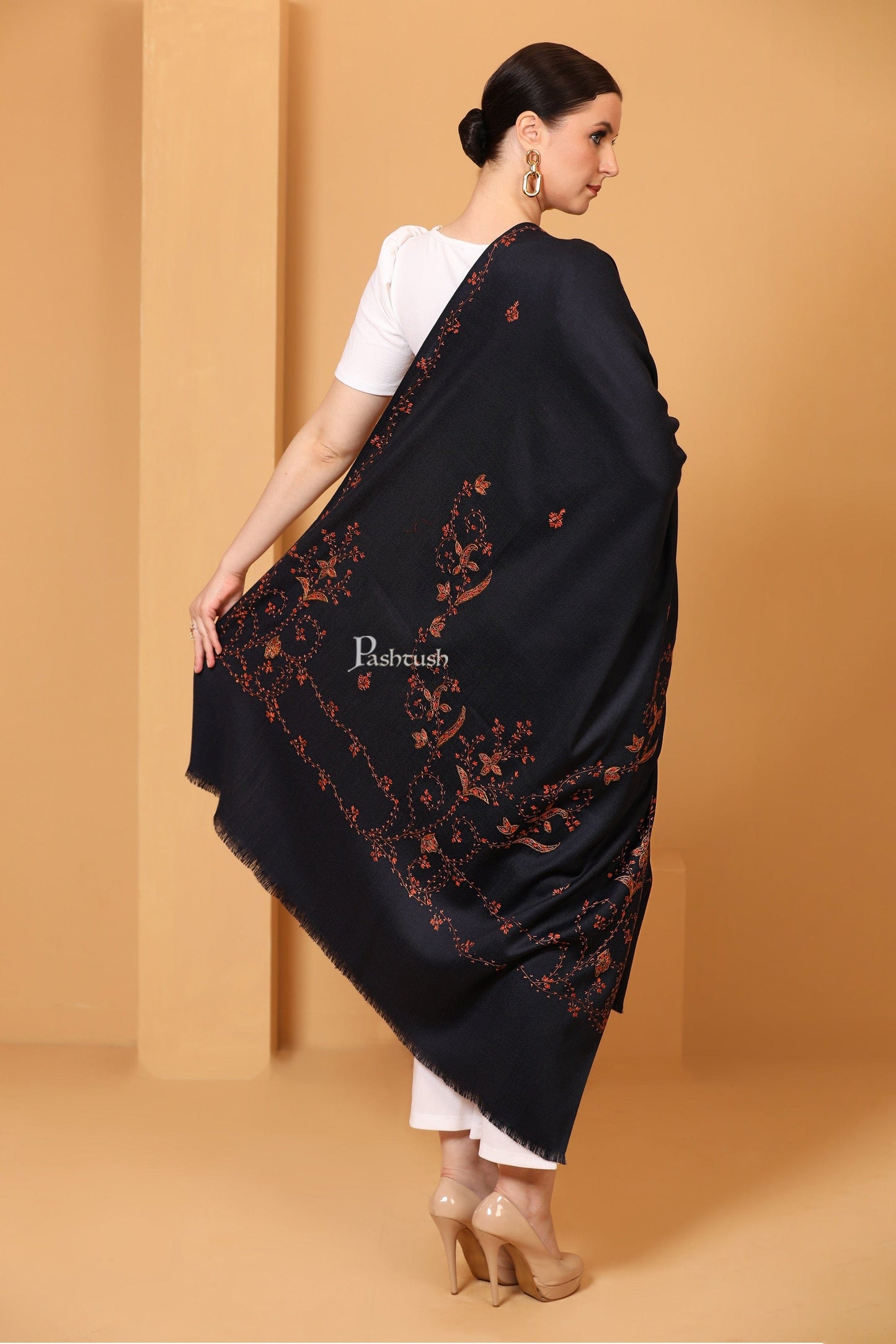 Pashtush India Womens Shawls Pashtush Womens Kashmiri Hand Embroidery Shawl, Woollen, Navy Blue