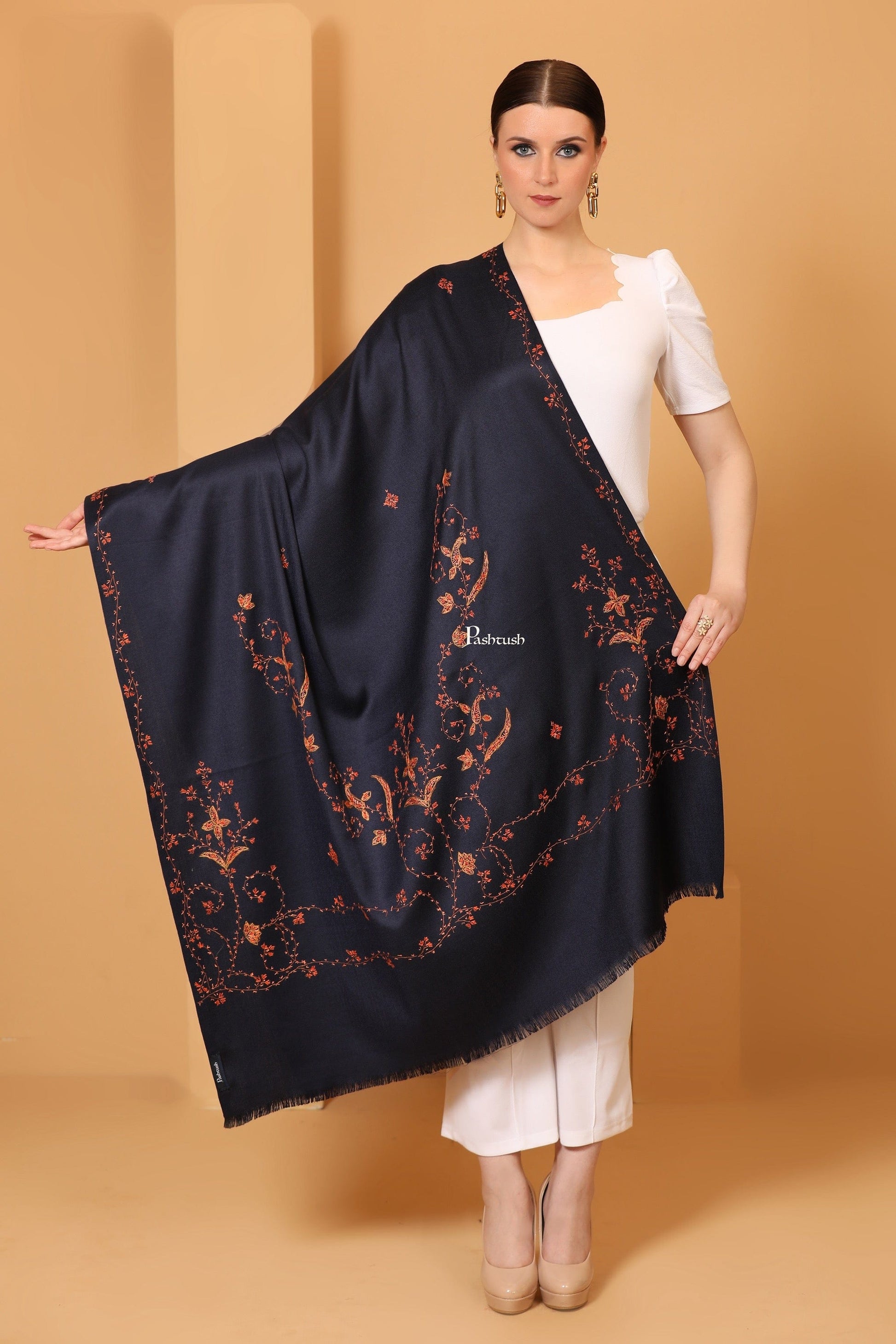 Pashtush India Womens Shawls Pashtush Womens Kashmiri Hand Embroidery Shawl, Woollen, Navy Blue