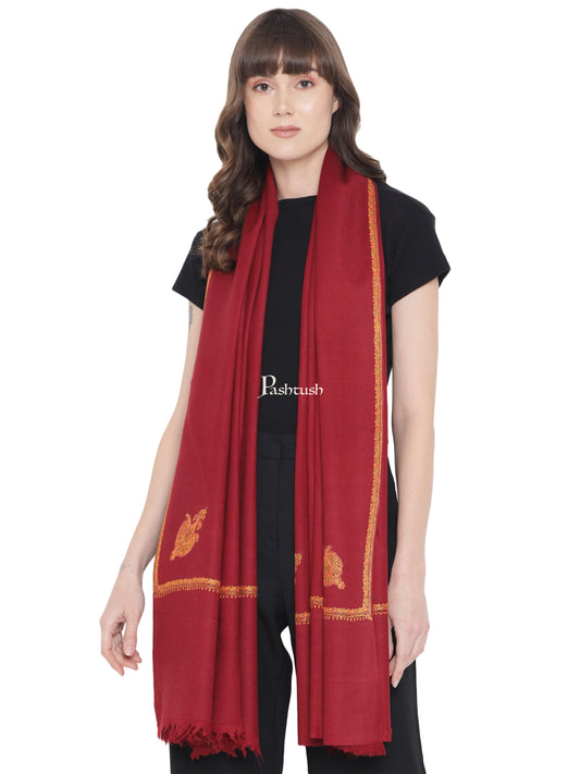 Pashtush India Womens Shawls Pashtush Womens Kashmiri Hand Embroidery Sozni Shawl, Woollen, Soft and Warm, Kingri, Maroon